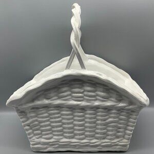 Beautiful Made in Portugal White Ceramic Basket with Handle 11 1/2" Tall